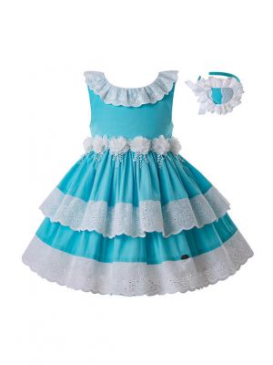 Girls Summer White Flower Blue Sleeveless Party Dress + Handmade Headband 