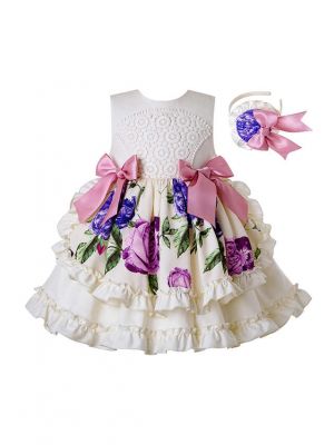 Summer White Flowers Pattern Printed With Bows Girls Dress +Hand Headband