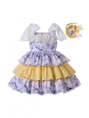 Girls Flowers England Style Layered Party Dress + Hand Headband