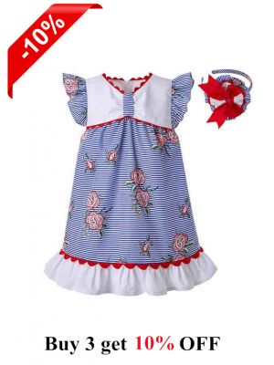 Baby Blue Summer Printed Ruffled Dress Toddler Puff Sleeve Festival Dress + Handmade Headband