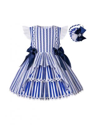 Girls Summer Flower Lace Stripe Party Dresses + Handmade Headband