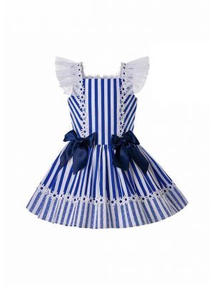 （ONLY 12Y）Girls Summer Deep Blue Cotton Flower Lace Stripe Princess Dress With Blue Bows