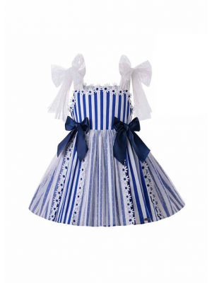 Girls Summer Blue Sling Flower Lace Stripe Princess Dress