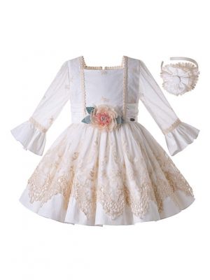 Summer Girls Boutique Khaki&White Square Collar Emboridery Floral Vintage Dress + Hand Headband