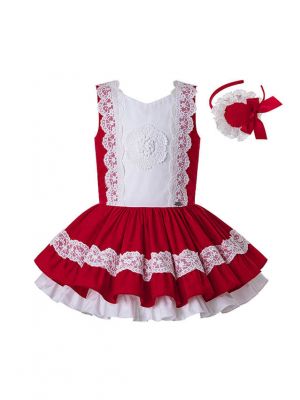 Red Embroidered Ruffled Lace Vintage Dress + Hand Headband