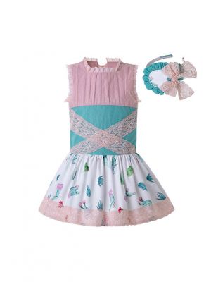 Light Pink Pattern Printed Lolita Style Princess Dress +Hand Headband