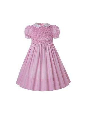 Girls Pink Rose Hand Embroidery Doll collar Smocked Dresses