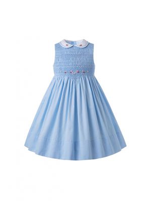 Blue Sleeveless Flower Embroidery Children Smocked Dresses 