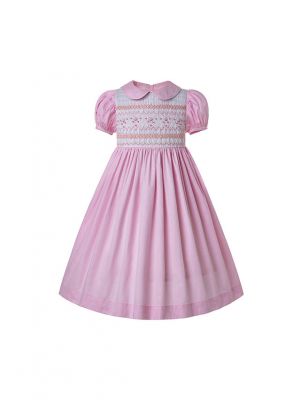 Doll Collar Hand Embroidery Light Pink Smocked Dress