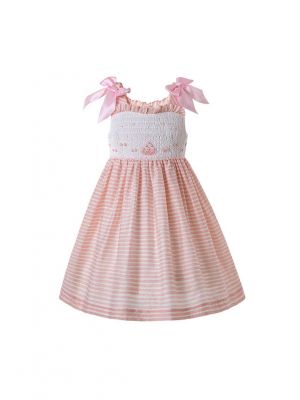 Sweet Pink Floral Ruffled Shoulderless Princess Smoked Dress With Bows