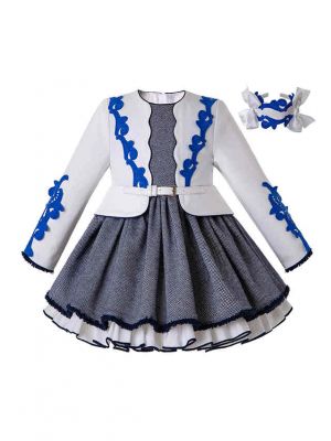 (ONLY 10Y) False Two-Piece White & Grey Knitted Party Princess Dress + Hand Headband