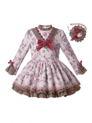 Autumn Boutique Kids Girl Flower Ruffle Velvet Bow Dress + Hand Headband