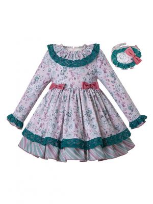 Girls Autumn Popular Color Rose Flower Green Lace Dress + Handmade Headband