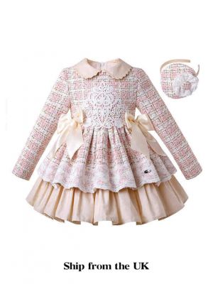 (UK Only) Girls Autumn & Winter Tweed Dress + Handmade Headband