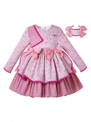 (Only Size 12Y)Thanksgiving Pink Floral Bow Children Boutique Girl Dress + Hand Headband