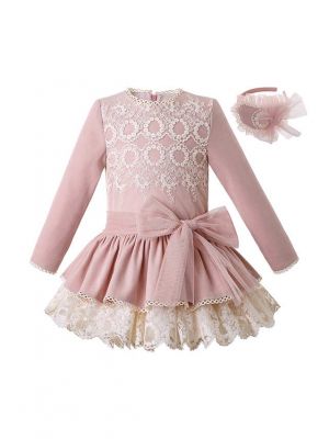 Light Pink Girls Autumn Dress With White Layered Lace + Hand Headband