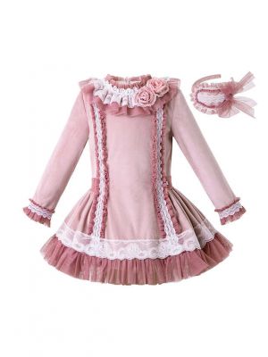Lace Knitted Velour Fabric Pink Roses Girls Autumn Dress + Handmade Headband