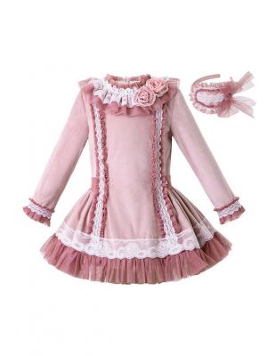 (ONLY 4Y 12Y)Lace Knitted Velour Fabric Pink Roses Girls Autumn Dress + Handmade Headband