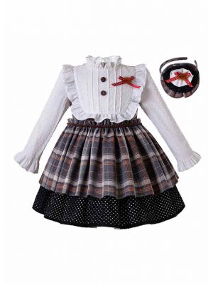 (ONLY 5Y) Girls Multi-Color Grid Ruffle Collar Elegant Kids Dress + Hand Headband