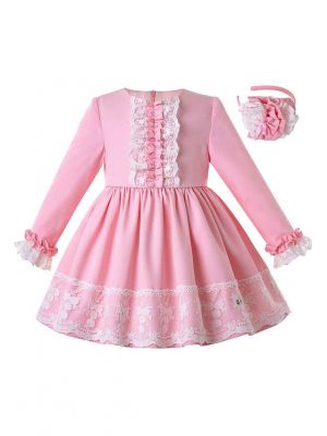 Girls Autumn Pink Lace Cuffs Kids Princess Dresses With Layered Lace + Hand Headband