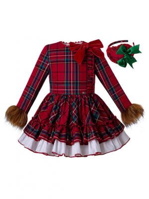 Red Grid Vintage FauxFur Sleeve Girl Dress + Hand Headband