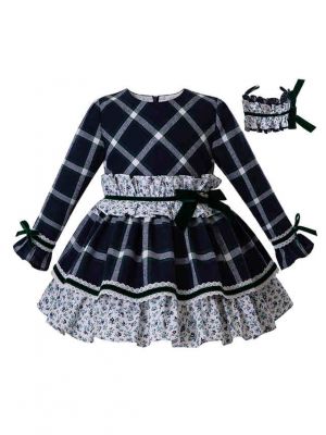 (PRE-ORDER)Autumn & Winter Girls  Grid Layered Floral Dress with  Lace
