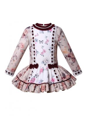 Classic Girls Red Velvet Bow Print Dress + Headwear