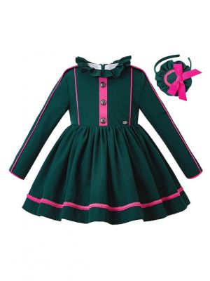 Blackish Green Party Ruffled Girls Dress + Hand Headband