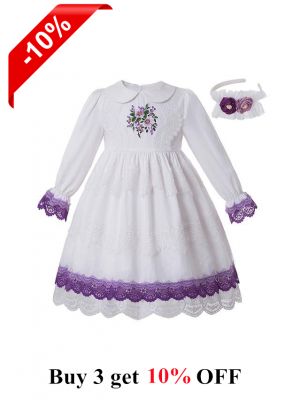 White GirlsEmbroidered Flower Turn-down Collar Vintage Princess Dress + Hand Headband