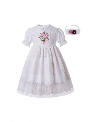 White Lace Embroidered Flower Bow Princess Dress + Hand Headband