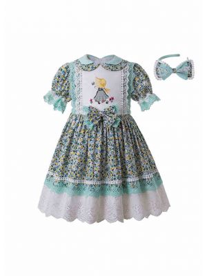 Green Pleat Printed Turn-down Collar Vintage Dress + Hand Headband