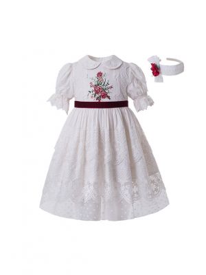 Summer White Embroidered Lace Ruffled Vintage Dress + Hand Headband