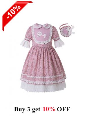 (Only 2Y 3Y) Pink Flower Printed Embroidered Doll Collar Dress + Hand Headband