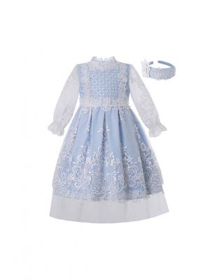 Boutique Princess Girls Light Blue England Style Embroidery Floral Pattern Dress + Hand Headband