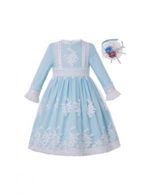 Girls Sky Blue Ribbons Embroidery Boutique Party Princess Dress + Hand Headband