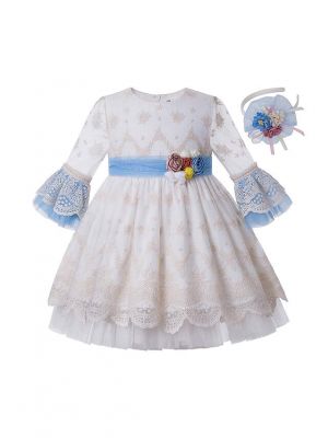 (Only 3Y) Girls White Vintage Yarn Dyed Spring  Boutique Dress + Handmade Headband