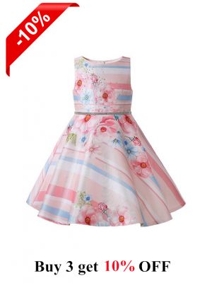 Summer Flowers Pattern Stripes Sleeveless Girls Pink Dress