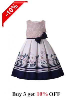 Girls Sleeveless Print Dress Lifelike Patterns Black Bow Belt Over Knee Length