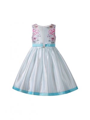 Summer Mint color Floral Pattern Sleeveless Vertical Stripes Girls Dress