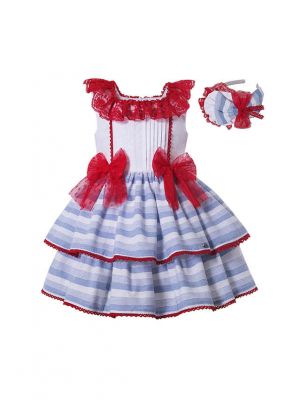 Summer Girls Plain Dyed Square Collar Layer Pary Princess Dress With Red Bows + Hand Headband