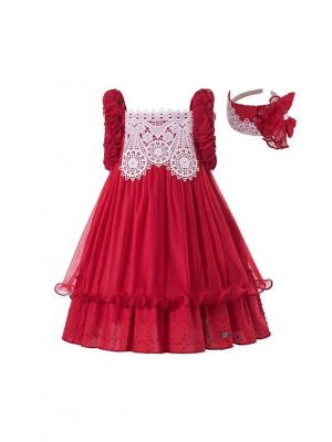 (ONLY 4Y) Sweet Girls Summer Plain Dyed Red Lace Princess Dress + Hand Headband