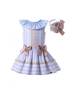 Girls Double-layered Striped Ruffle Boutique Dress With Bows + Hand Headband