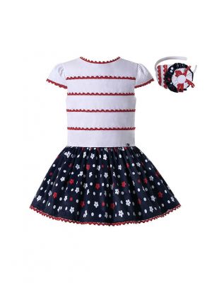 (Only 2Y 3Y 4Y) Girls Dress White Top with Red Stripe Black Floral Print Skirt + Headband