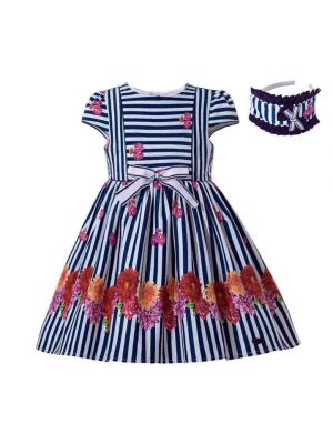 Girls Vintage Boutique Flower Pattern Striped Dress With Bow + Hand Headband