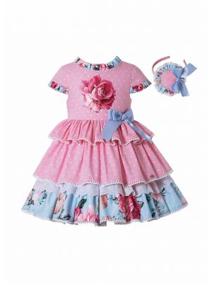 Pink Rose Floral Print Boutique Princess Girls Dress + Hand Headband