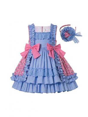 Summer Boutique Square Collar Blue Plaid Princess Girls Ruffle Dress With Bows + Hand Headband