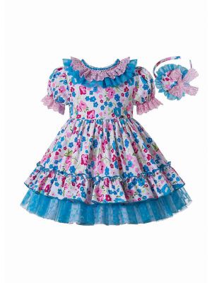 Girls White Dresses with Pink and Blue Floral Print and lace trim + Headband