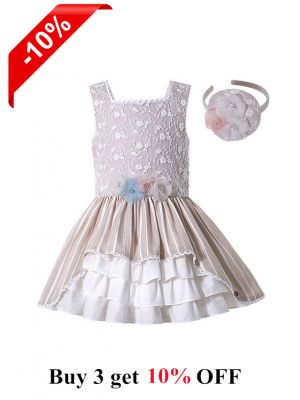 Ivory Square Collar Ruffle Flowers Princess Girls Dress + Hand Headband