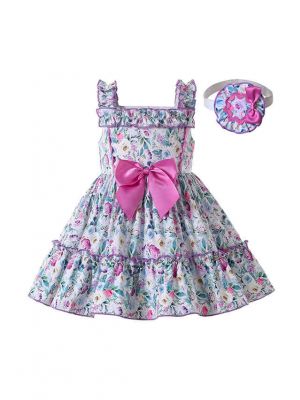 Girls Sweet Pink Bow and Purple tirm Floral Dresses + Headband