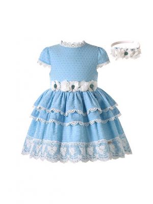 Girls Sweet Blue Dresses with White Flowers and Lace trim + Headband